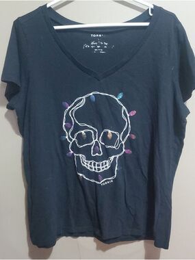 torrid Black V-Neck Tee with White Skull and Multicolor Accents Size 1